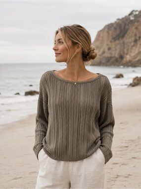 Reitmans COTTON Olive green Open Knit Sweater Coastal Grandma Minimalist Size M